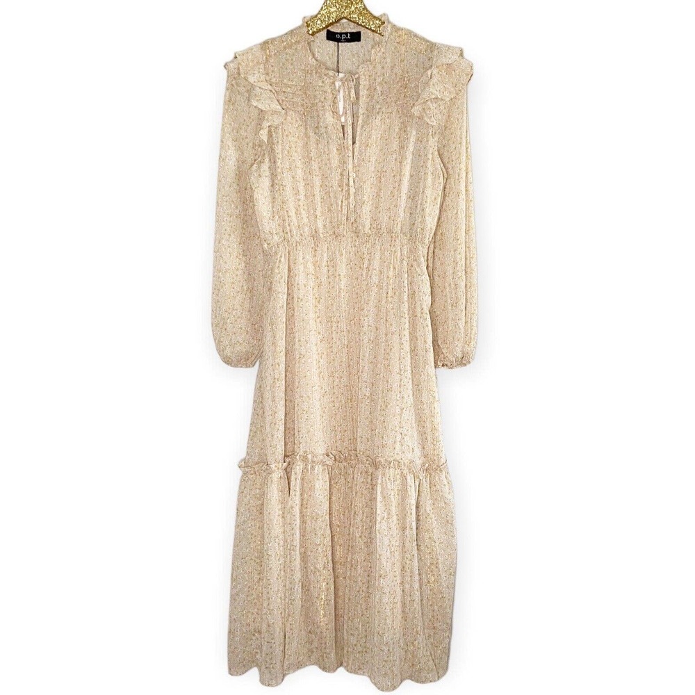 O.P.T Dress Floral Tiered Midi Neutral Chiffon Beige Gold Prairie Dress - Picture 1 of 12